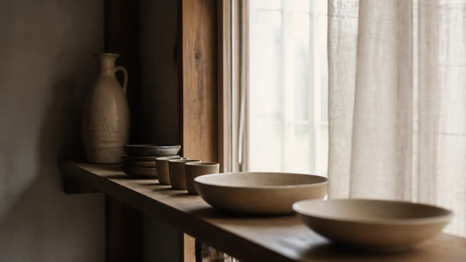 tall jug at the dark end of a kitchen shelf beside a bright window