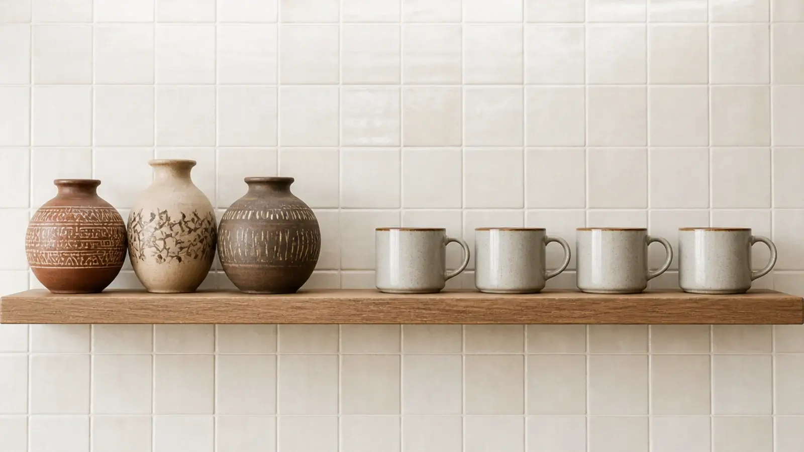 three decorative pots beside four matching everyday mugs on a shelf