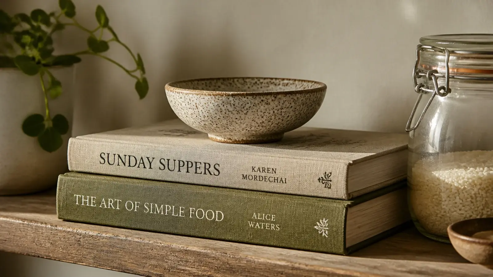 small bowl raised on two stacked books on a kitchen shelf