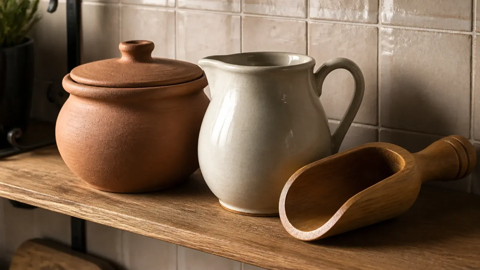 matte stoneware glazed jug and raw wood grouped on a kitchen shelf