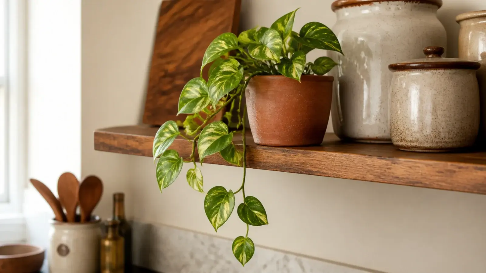 trailing pothos spilling over the front edge of a kitchen shelf