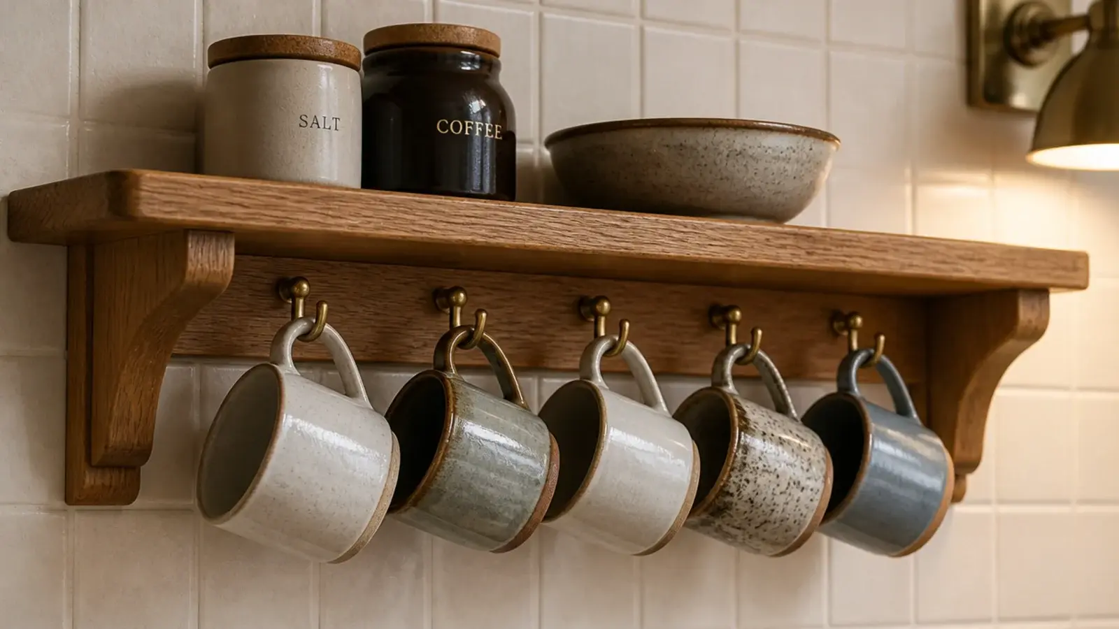 stoneware mugs hanging on hooks under a styled open kitchen shelf