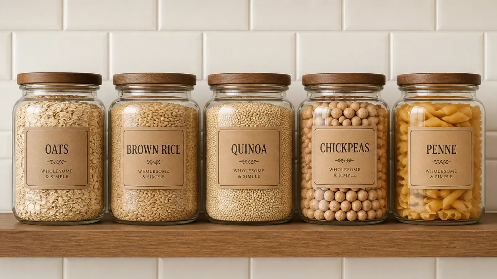 row of labelled glass jars all facing forward on a kitchen shelf