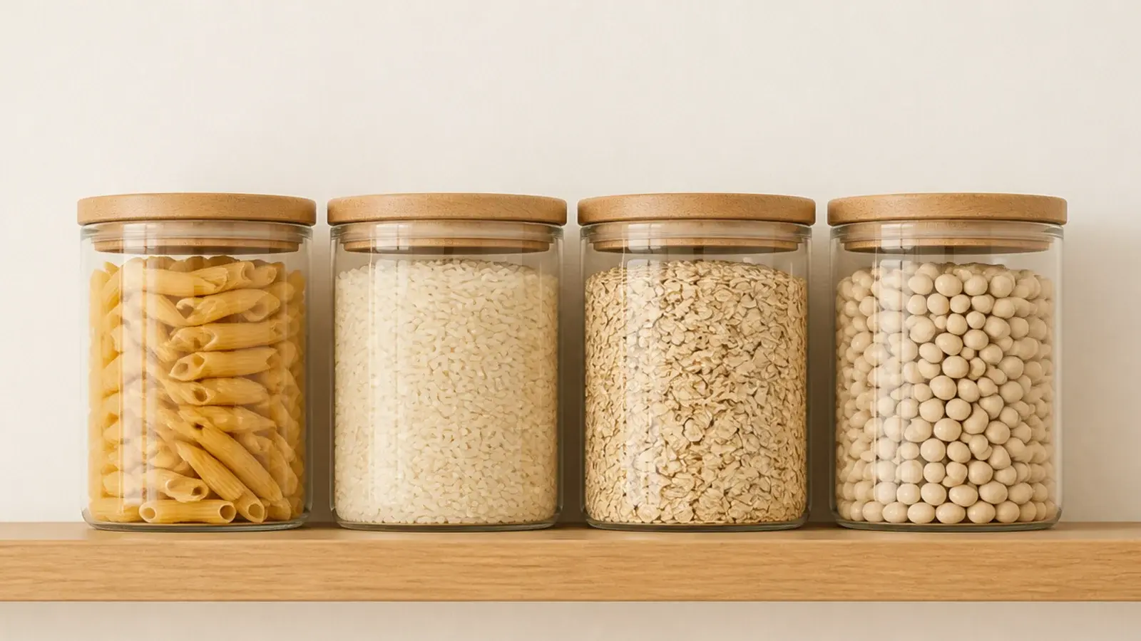 jars of pasta rice and oats forming a warm neutral kitchen shelf palette