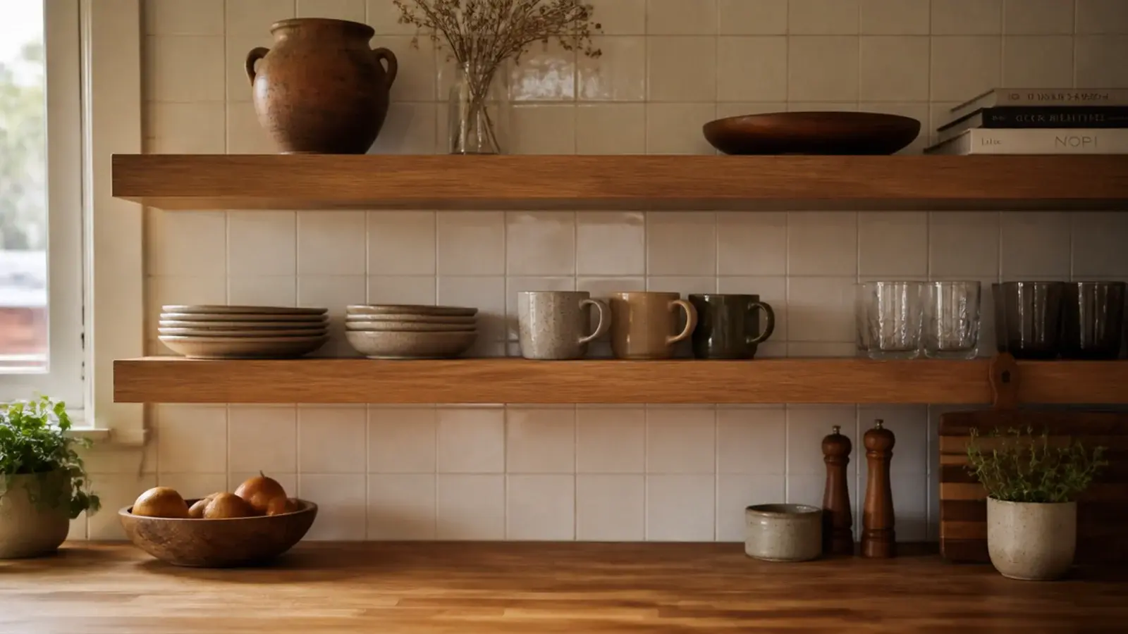 two kitchen shelves with everyday plates below and decorative pieces above