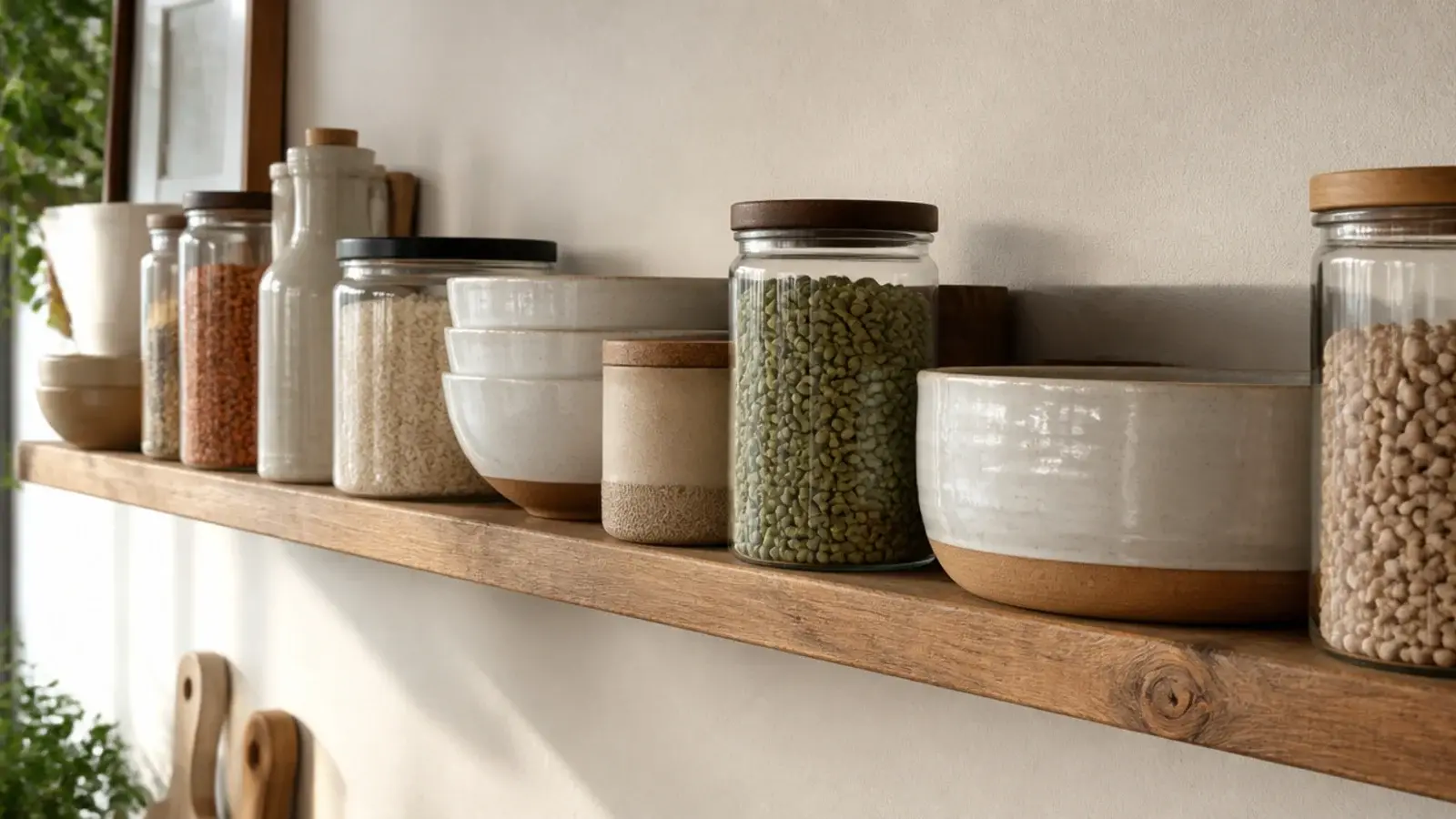 kitchen shelf objects aligned along the front edge in a straight line