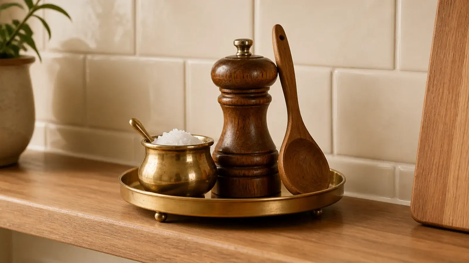 small brass tray holding salt pepper and a spoon on a kitchen shelf