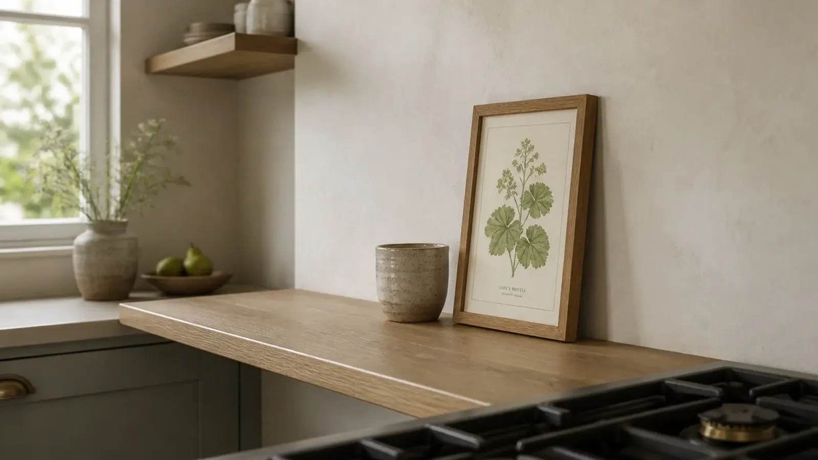 small framed print leaning at the far end of a kitchen shelf run