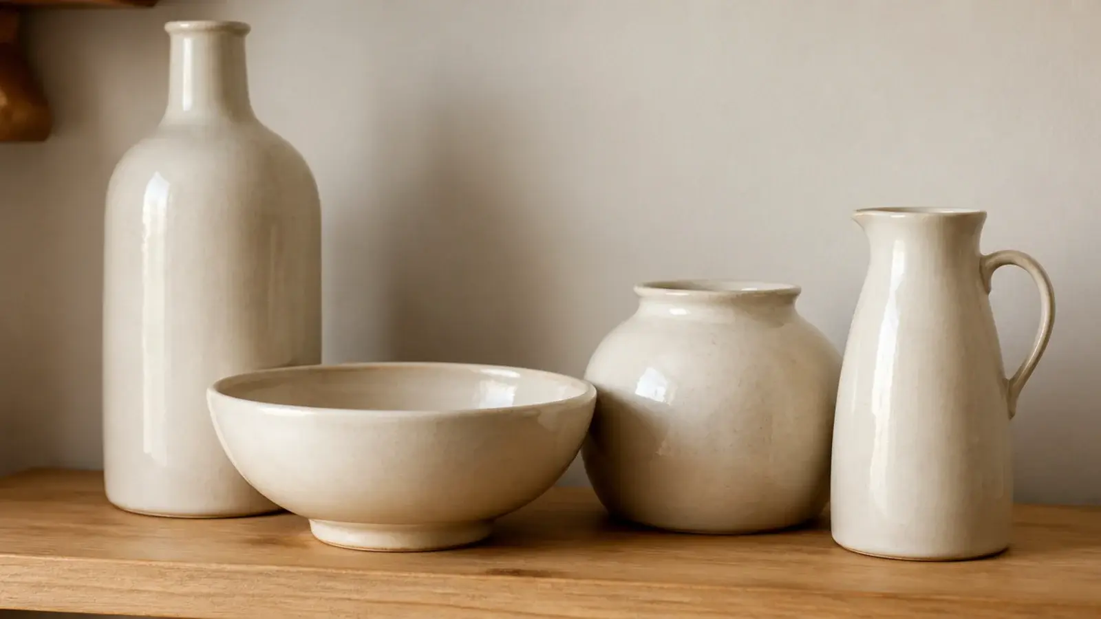 four cream vessels of different shapes grouped on an open kitchen shelf