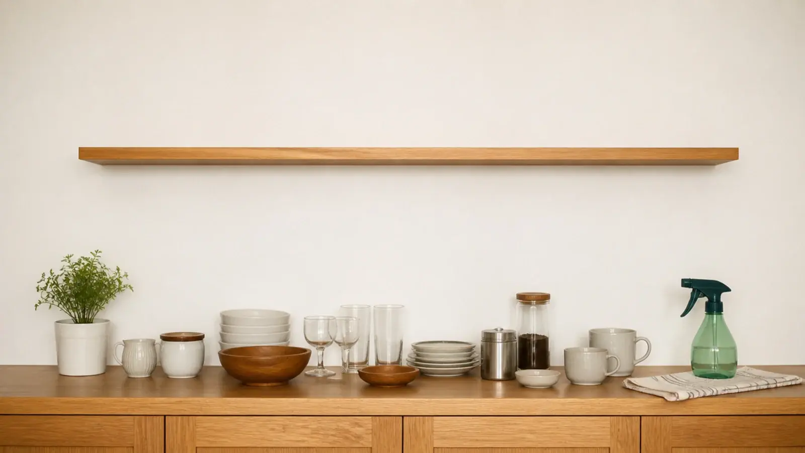 bare kitchen shelf beside a counter of objects being sorted for return