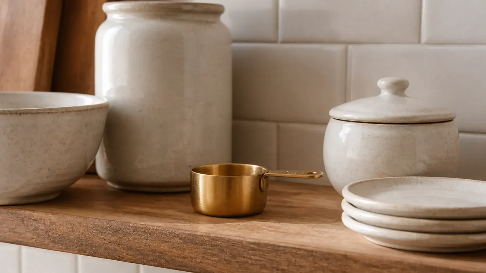 single small brass measure among stoneware on a kitchen shelf