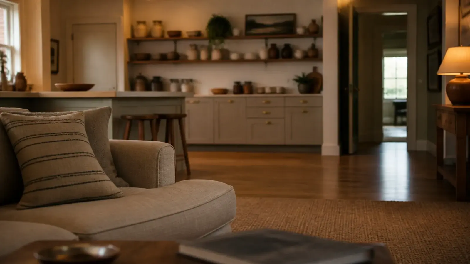 open kitchen shelves viewed across a room from a linen sofa arm