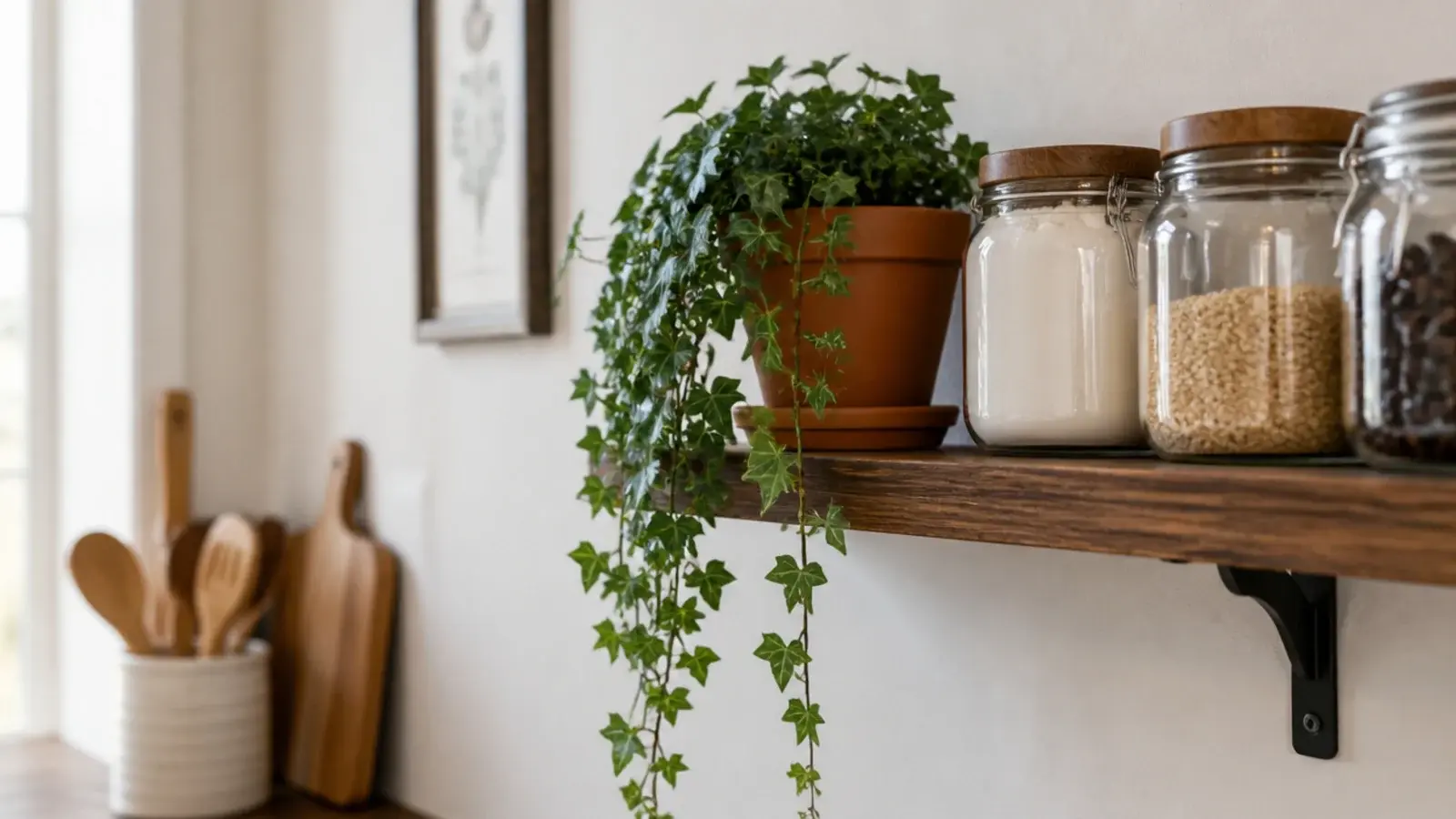 compact trailing plant in a clay pot on a narrow kitchen shelf