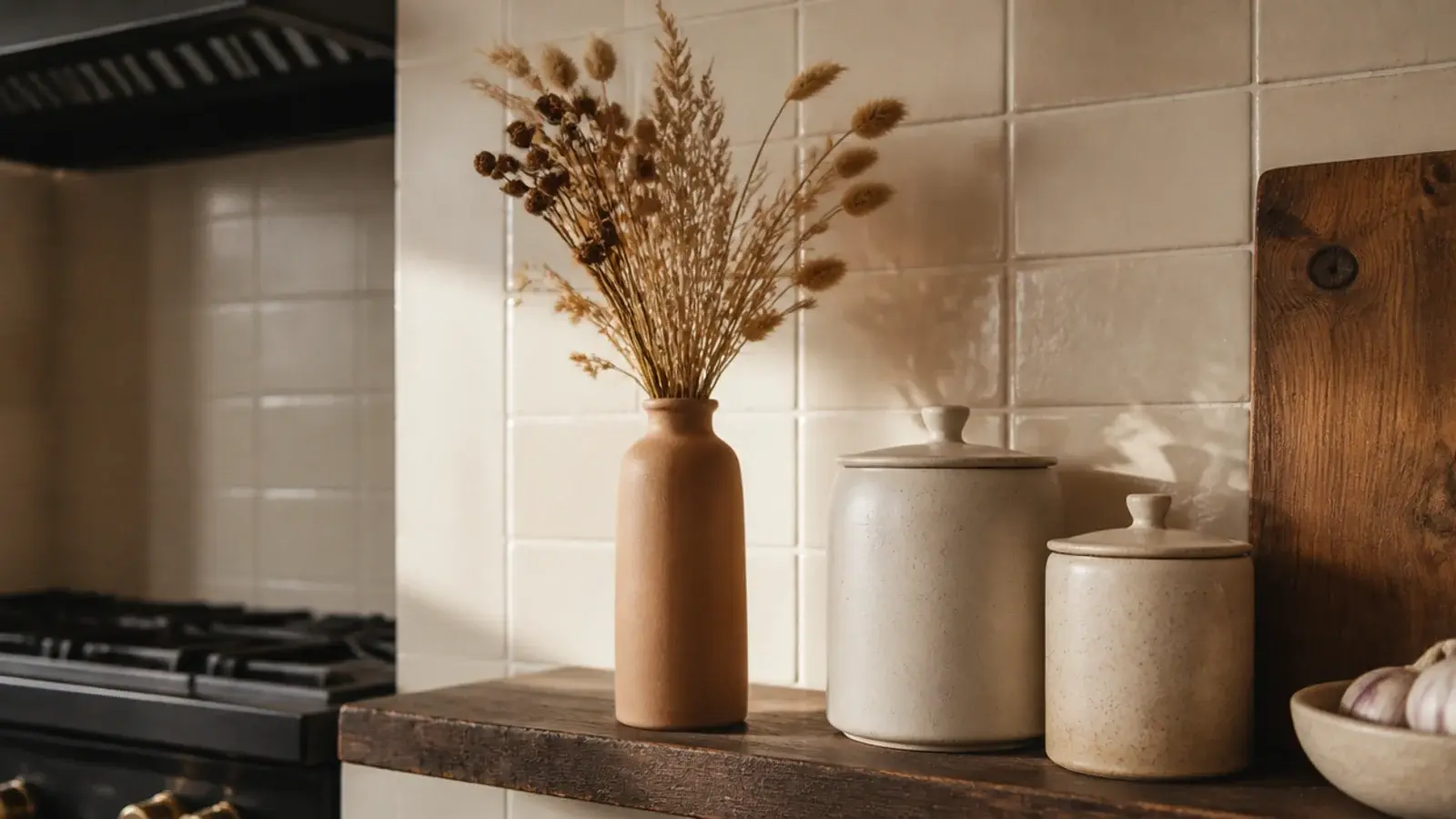 clay bottle of dried grasses on a kitchen shelf near the cooking wall