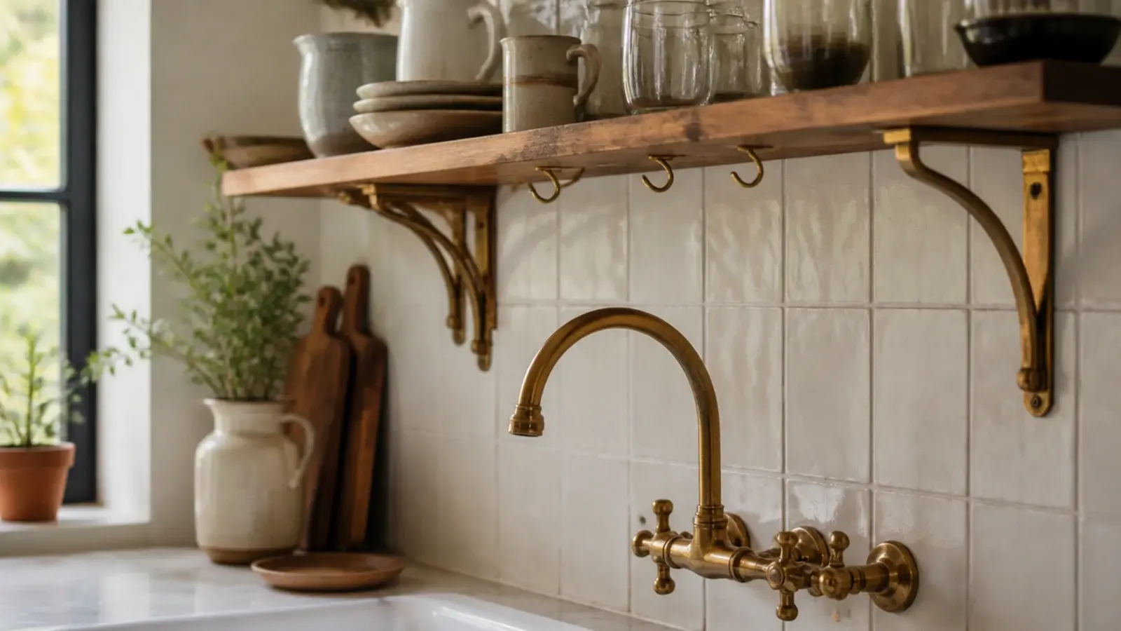 brass hooks and brackets on a kitchen shelf matching a brass tap