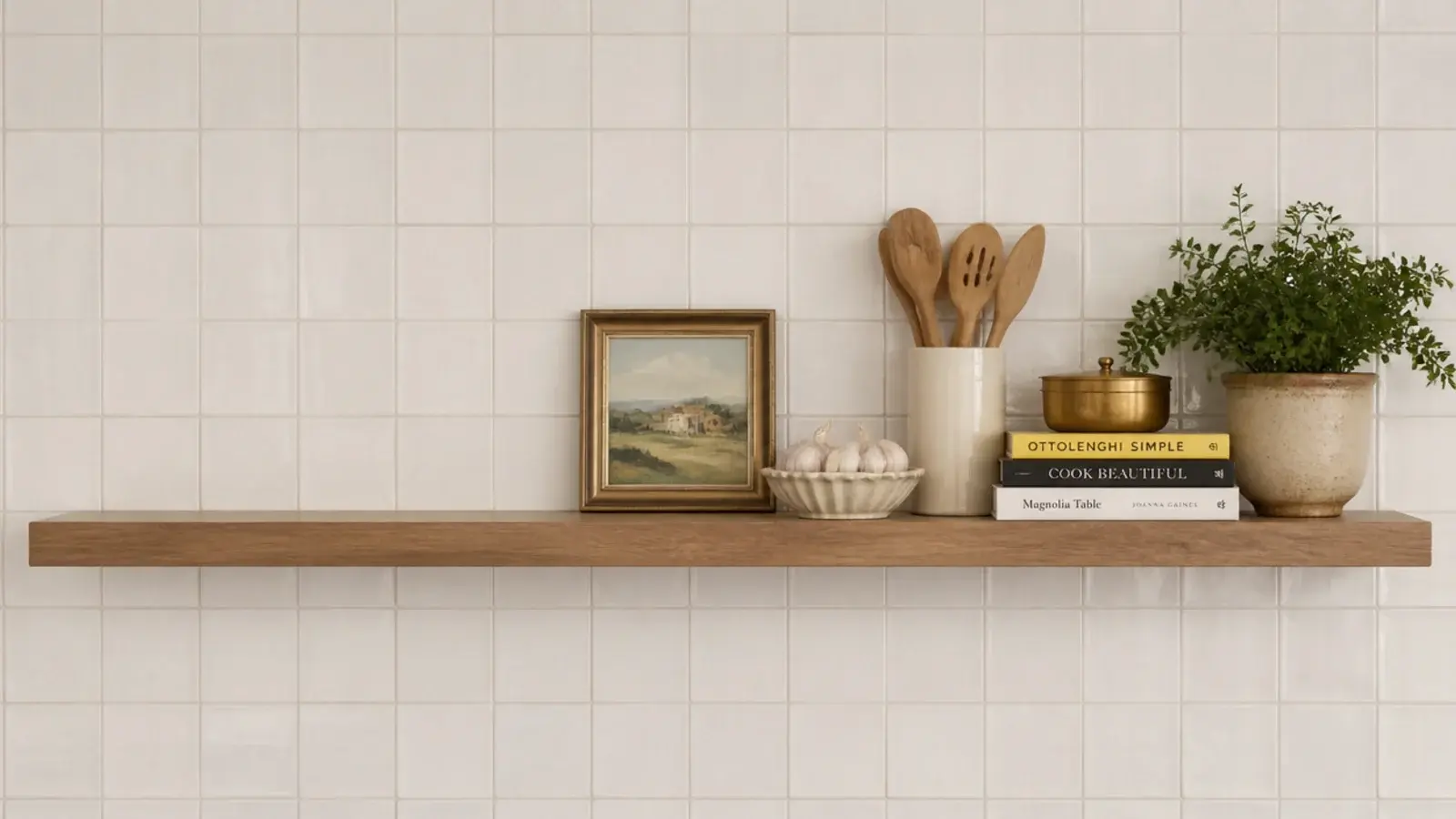 kitchen shelf seen flat on as a straight documentation style photograph