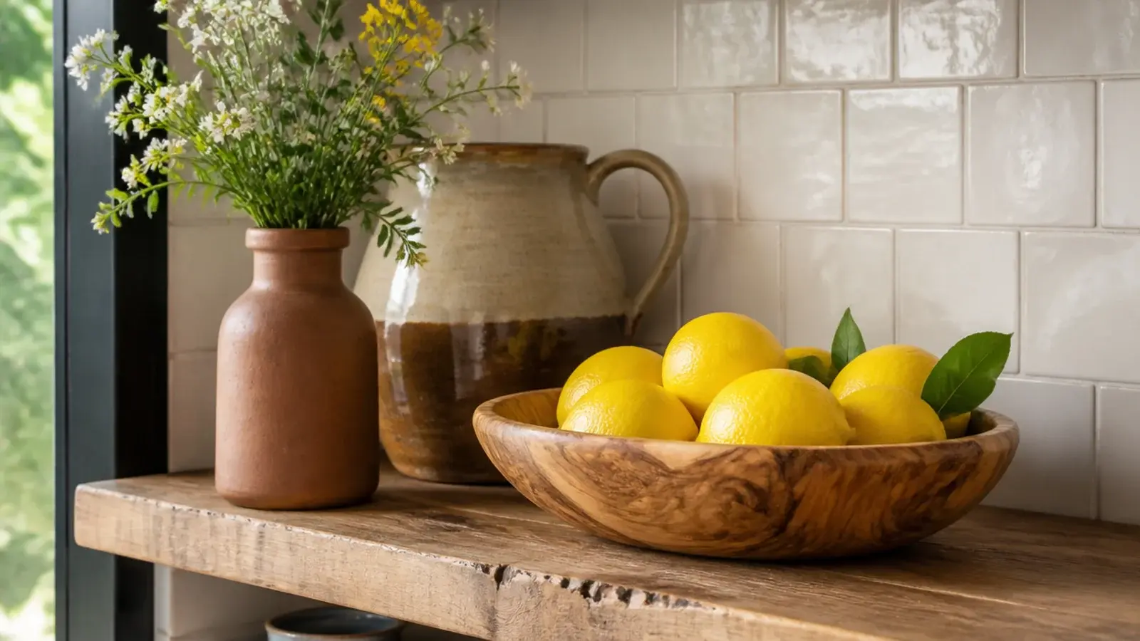 shallow bowl of lemons and dried stems restyling a kitchen shelf