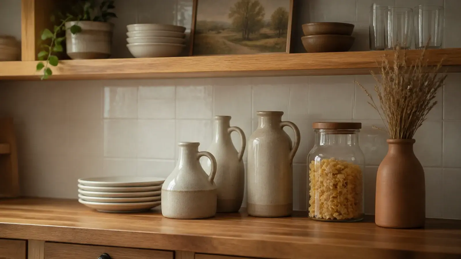 kitchen shelf styling with oak boards stoneware jars dried stems and open space