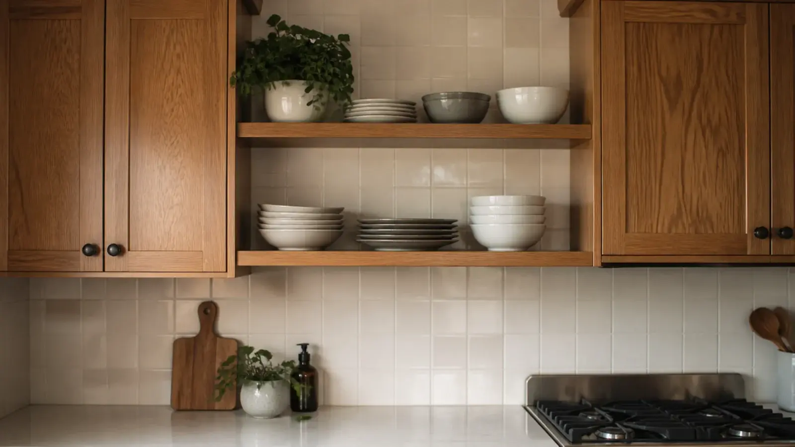 two open kitchen shelves where an upper cabinet used to hang