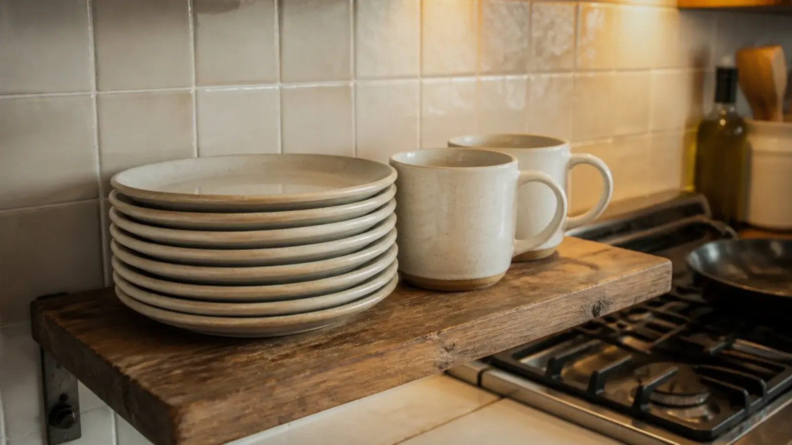 kitchen shelf beside a stove restocked with washable everyday dishes