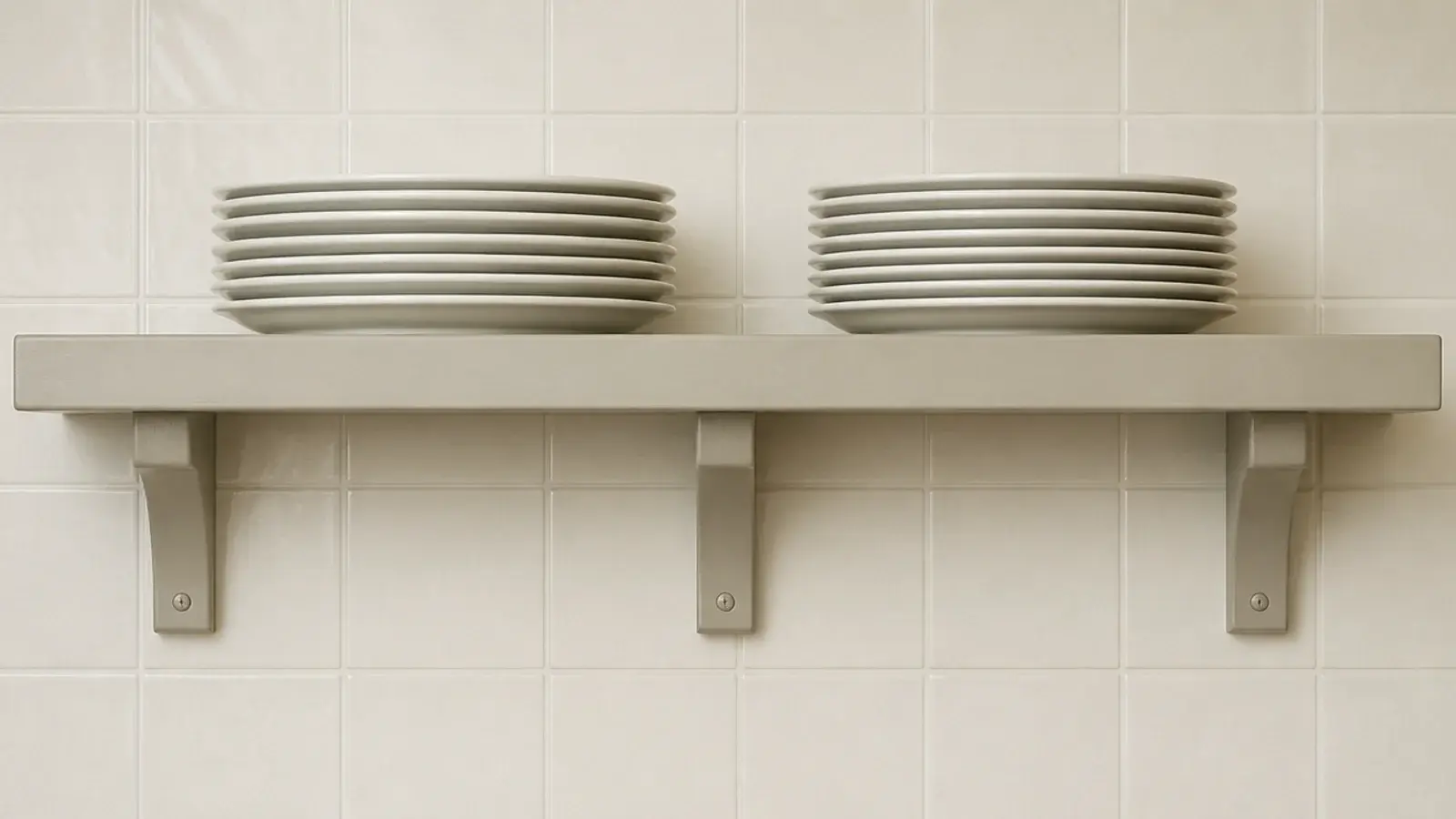 straight kitchen shelf holding plate stacks after a bracket was added