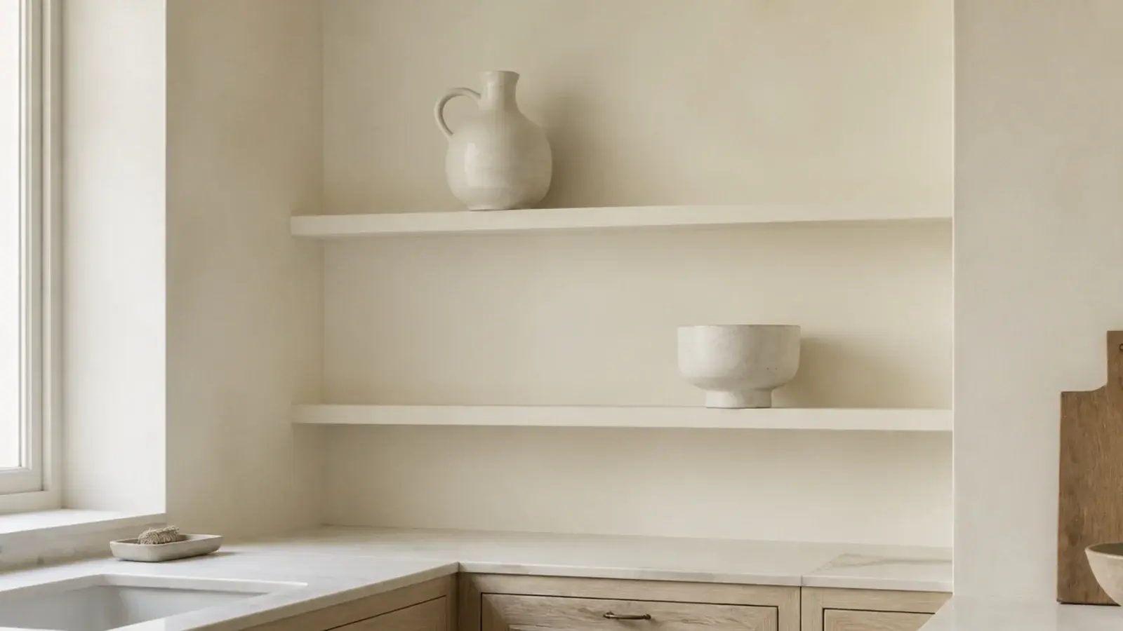 kitchen shelves painted the wall color blending into cream plaster