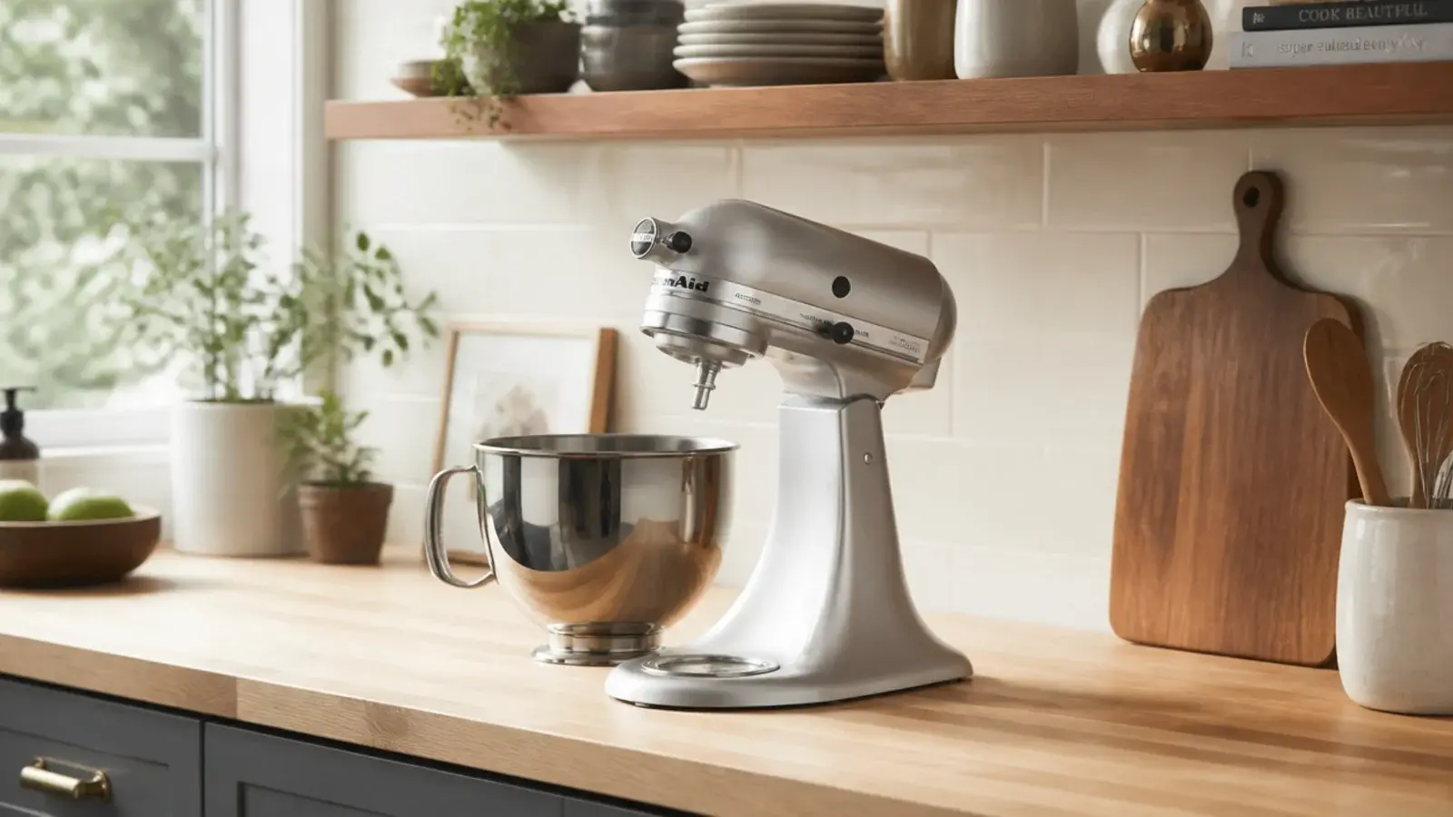 stand mixer with full lifting clearance under a raised kitchen shelf