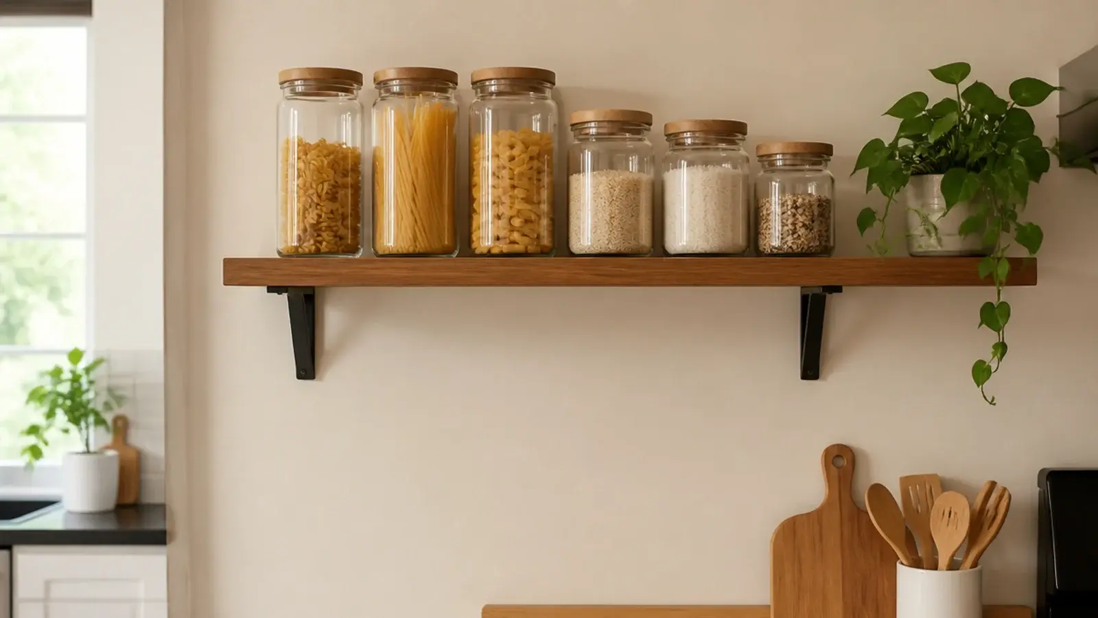 kitchen shelf lowered so jars sit within easy standing reach