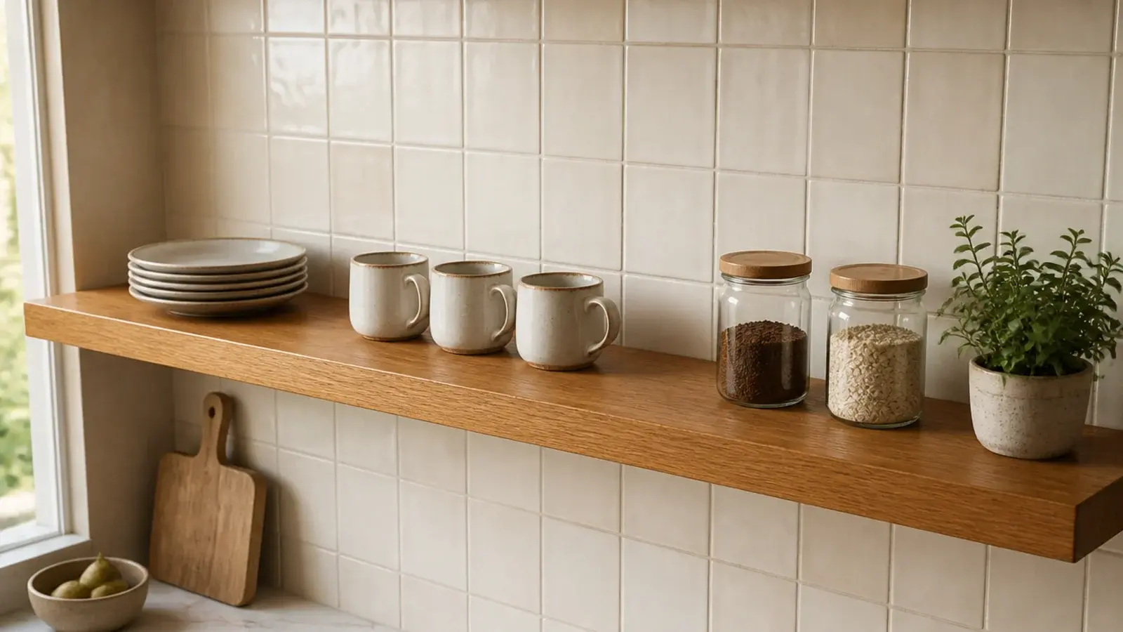 edited kitchen shelf holding twelve objects with clear gaps between
