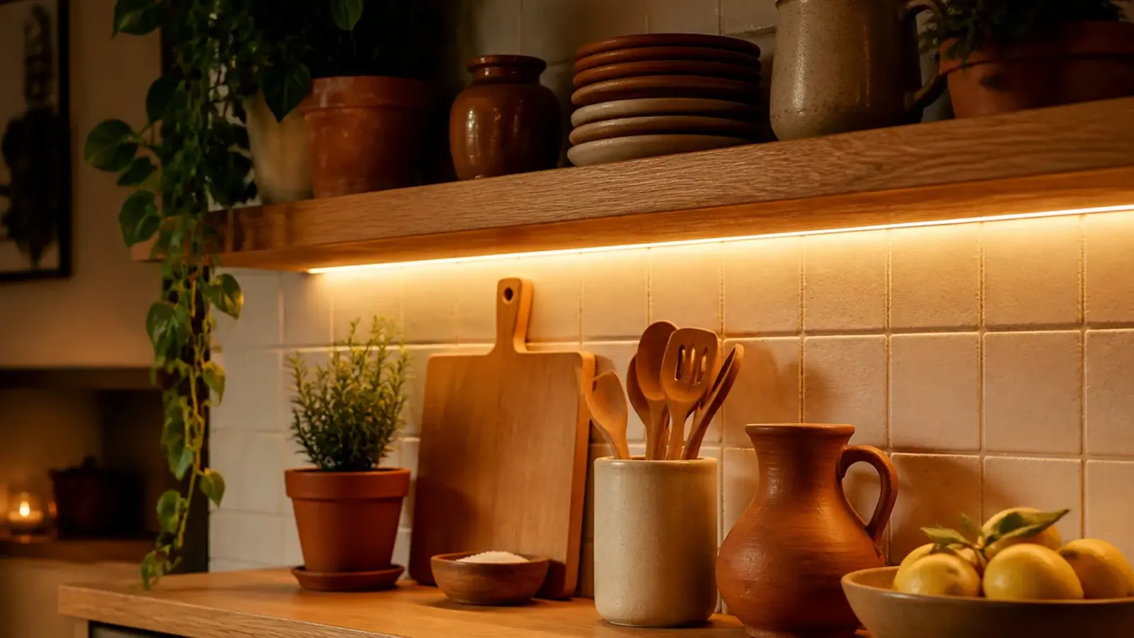 warm lit kitchen shelf where oak and terracotta look rich again