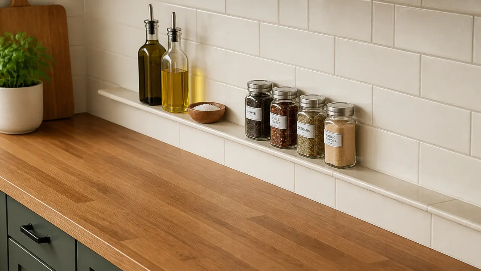 slim backsplash ledge holding oils with the counter clear below