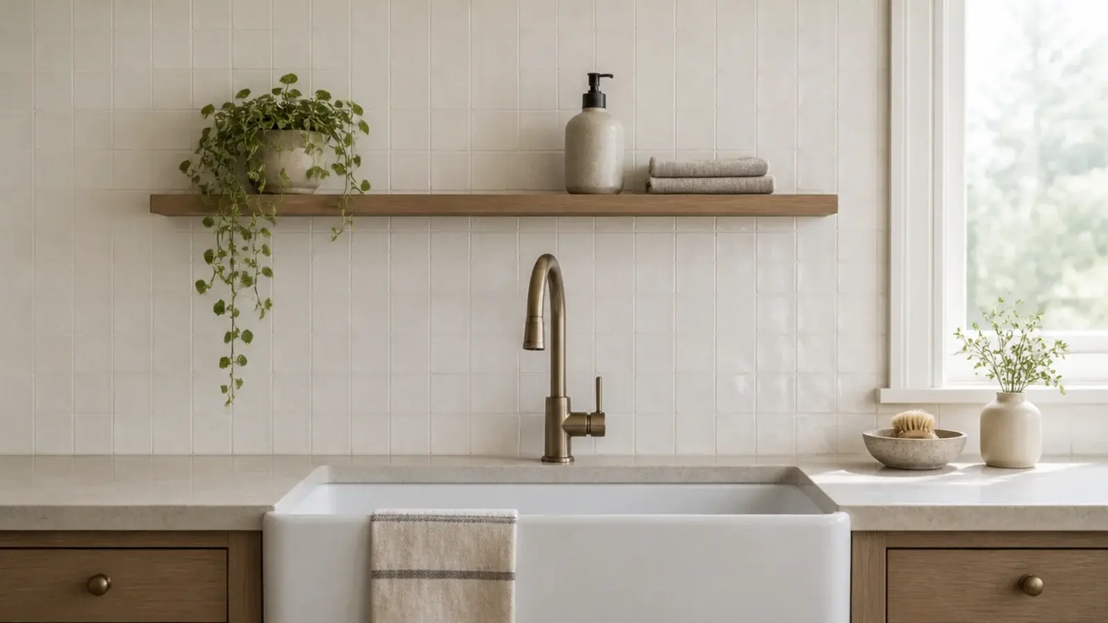 kitchen shelf above a sink holding splash proof items and a plant