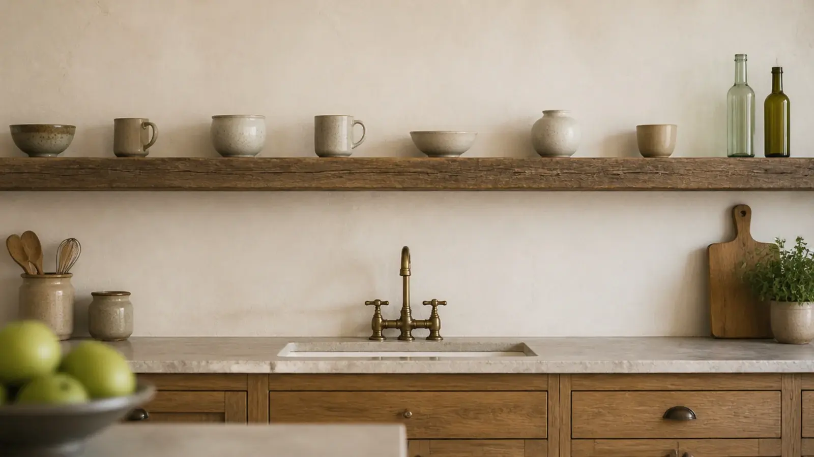 kitchen shelf extended to run the full length of the wall