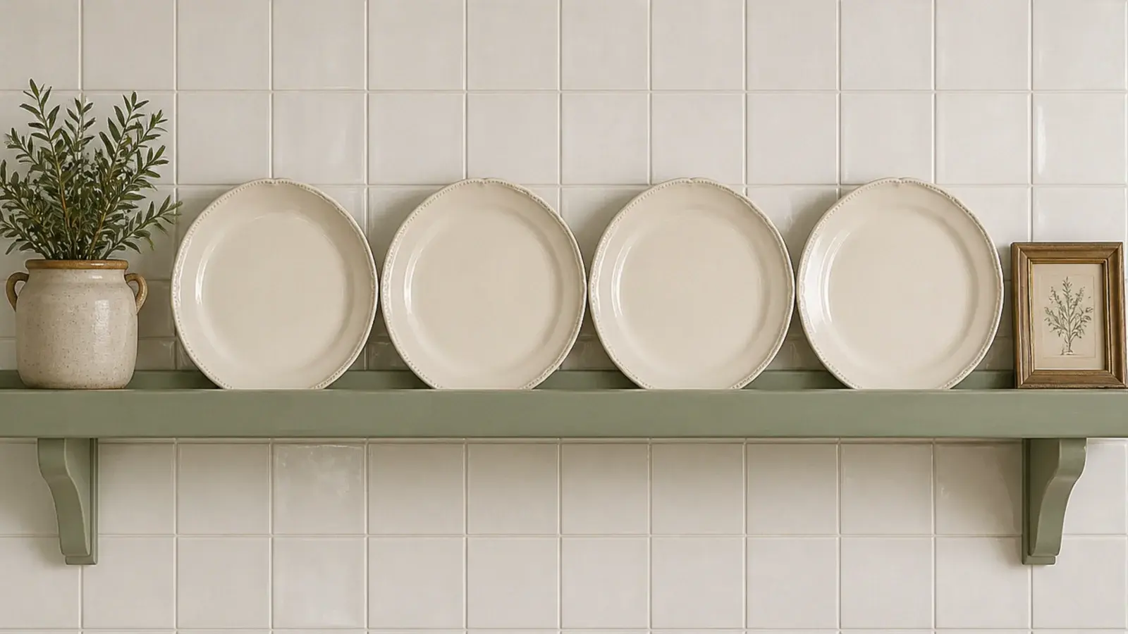 plates standing safely on edge in a routed groove on a kitchen shelf
