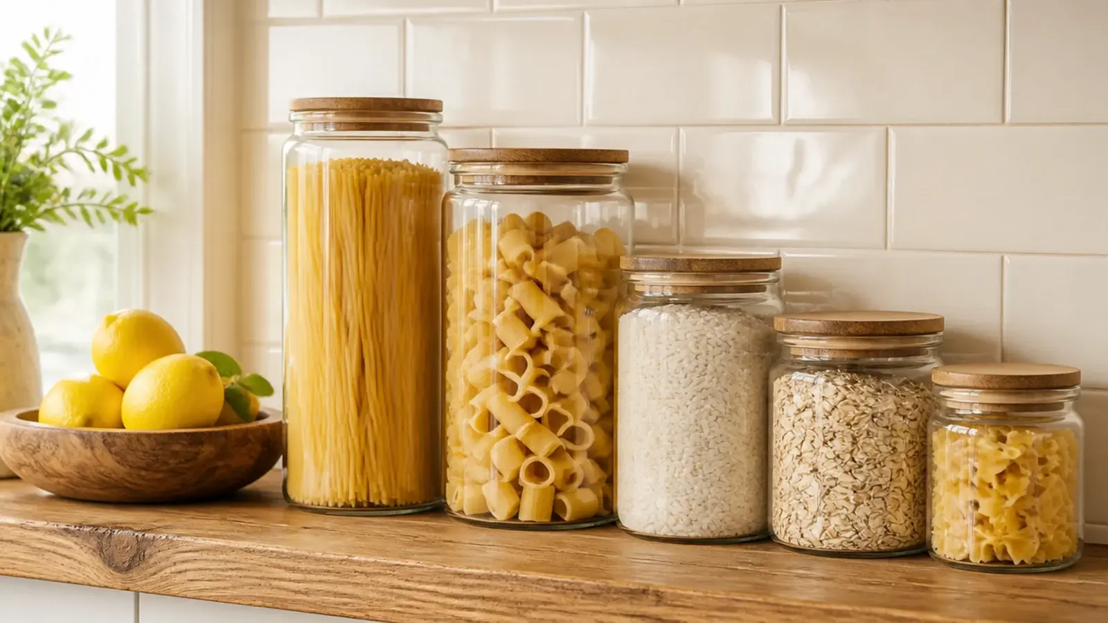 kitchen shelf holding five glass jars instead of a full bulk display