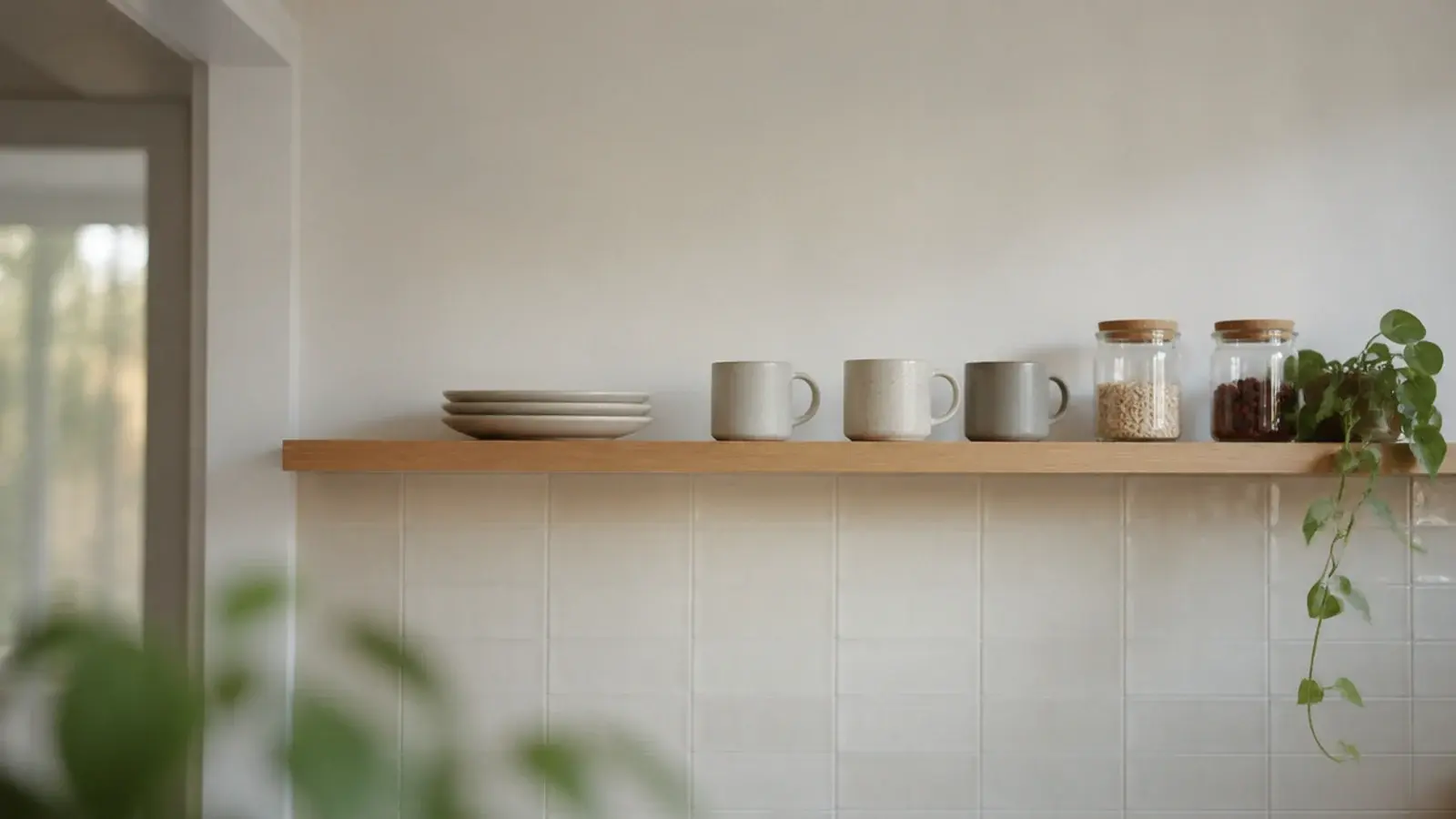 calm finished kitchen shelves holding only weekly used dishes and plants