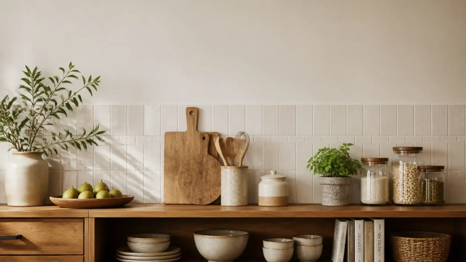 vertical kitchen shelves before and after image of a calm restyled run