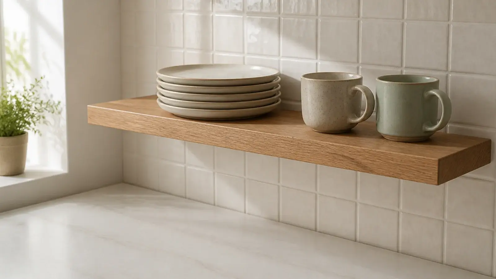 shallow six inch kitchen shelf holding plates without crowding a galley