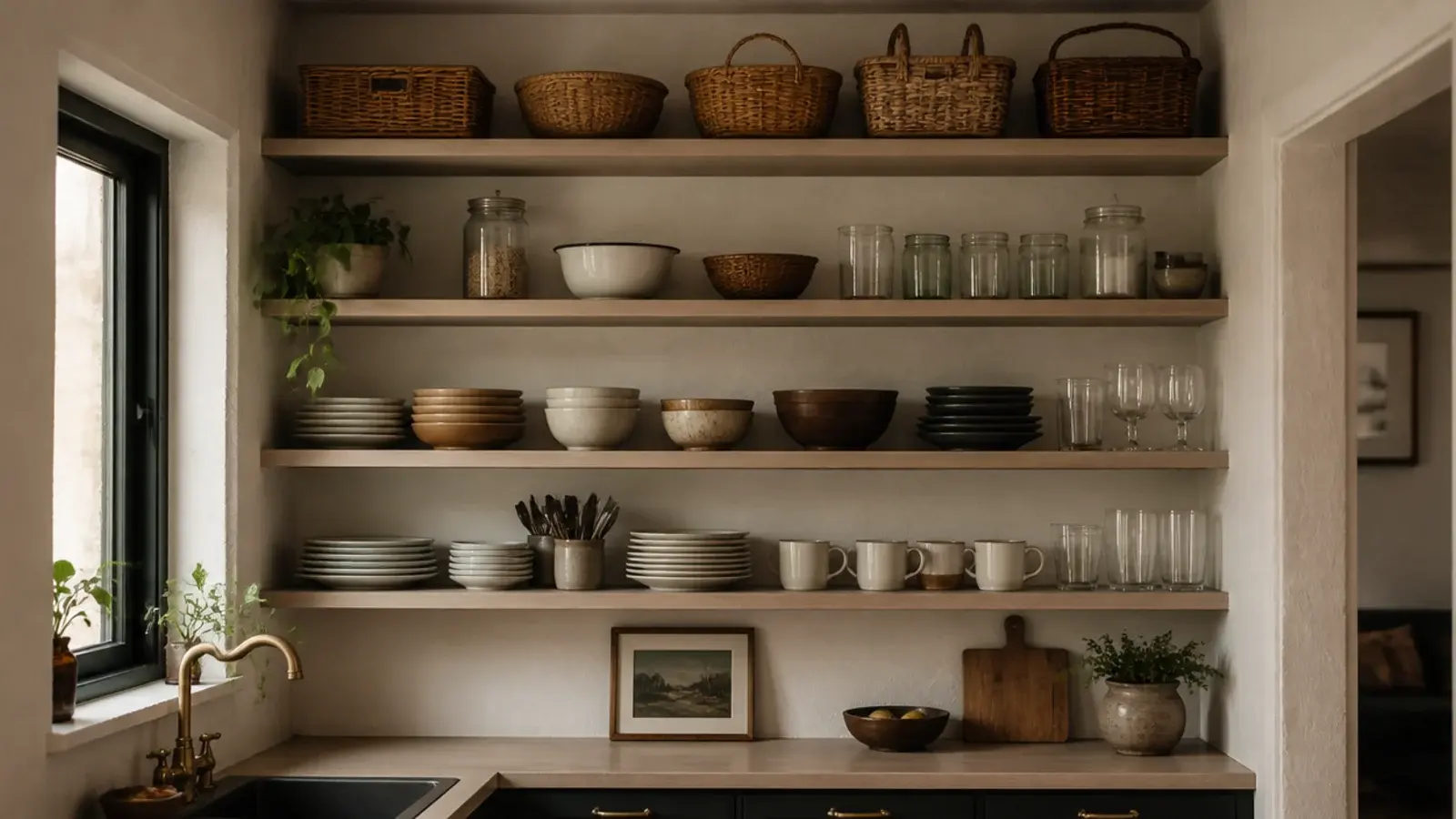 kitchen shelves stacked from counter to ceiling on a small wall