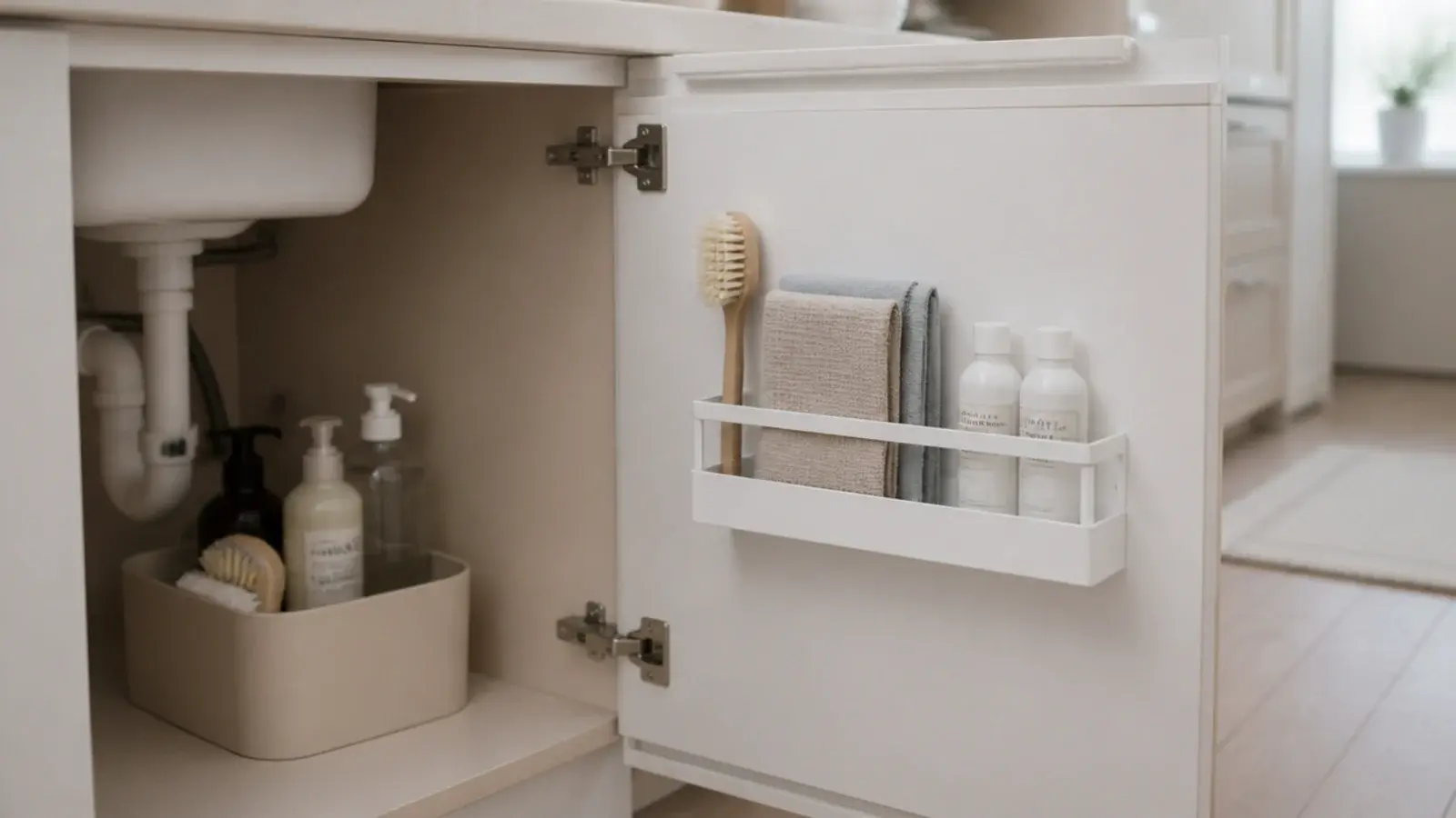 slim rack fitted to the inside of a kitchen sink cabinet door