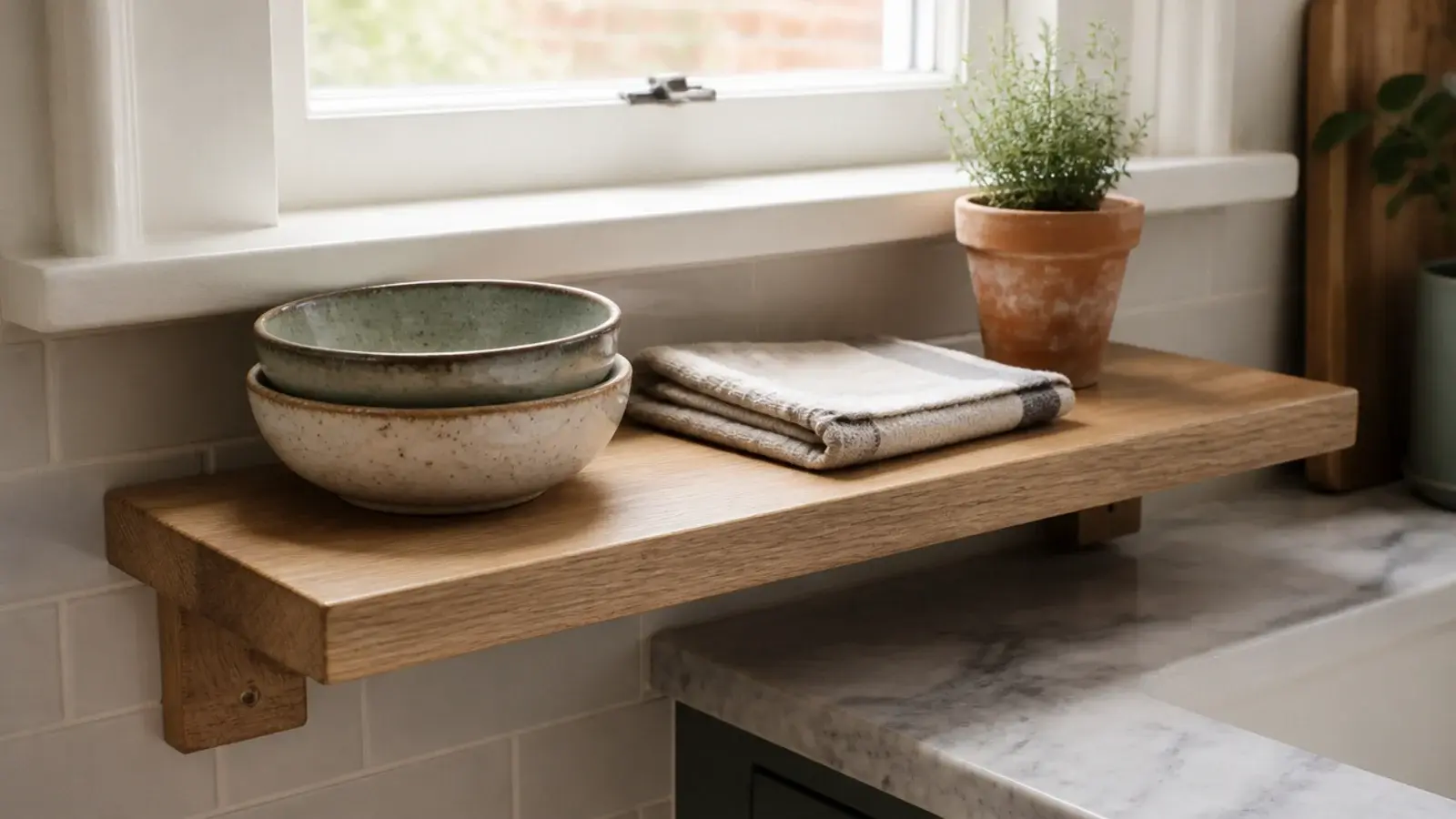 low shelf mounted under a kitchen window sill holding bowls and cloths