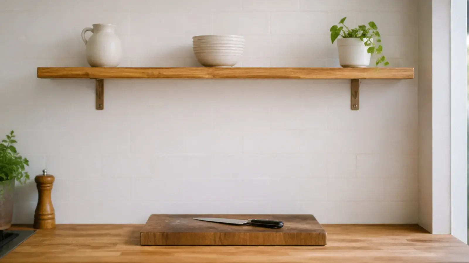 single kitchen shelf above a clear prep counter with headroom below