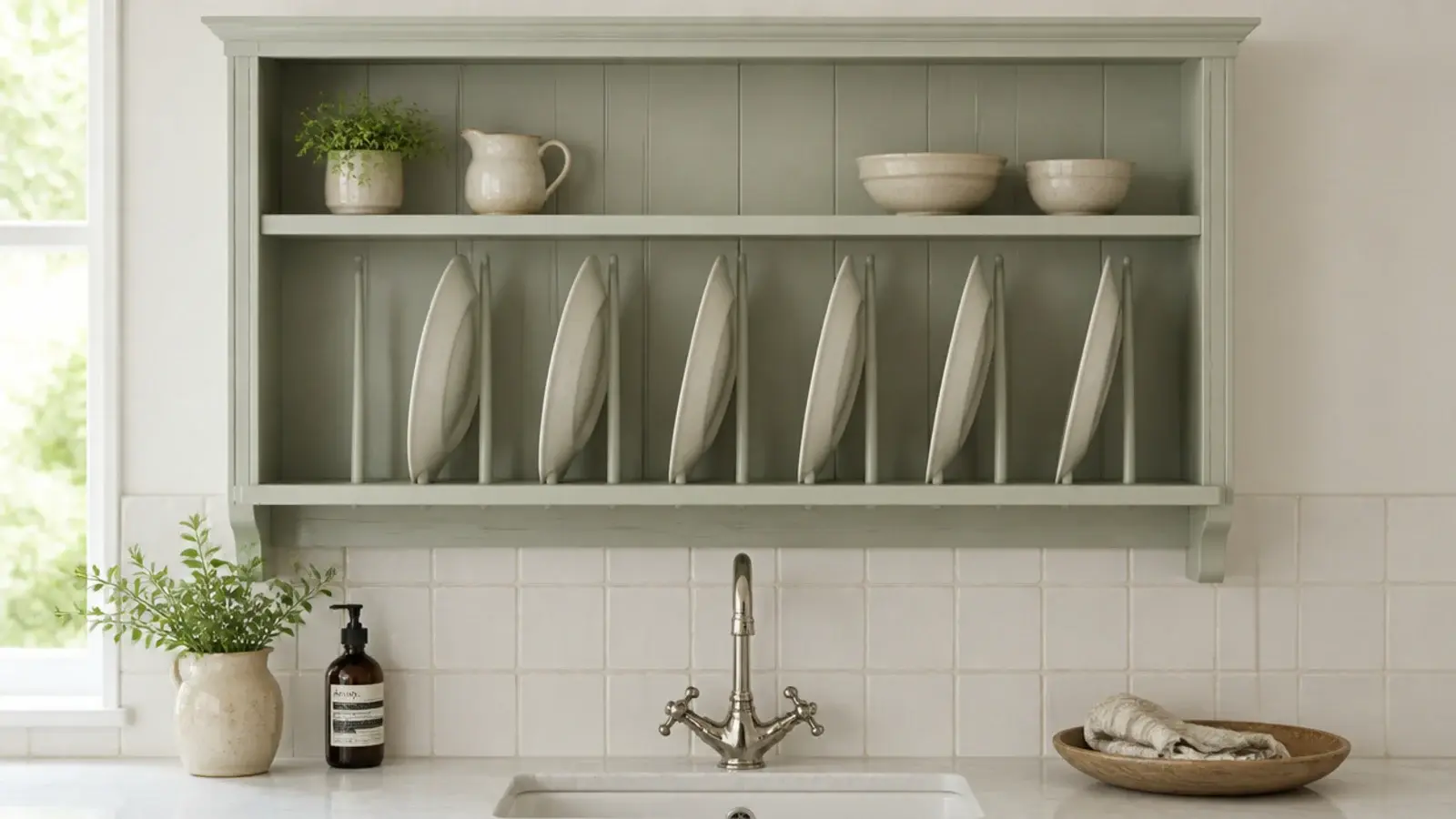 kitchen shelf with dowels holding plates upright on edge to drain