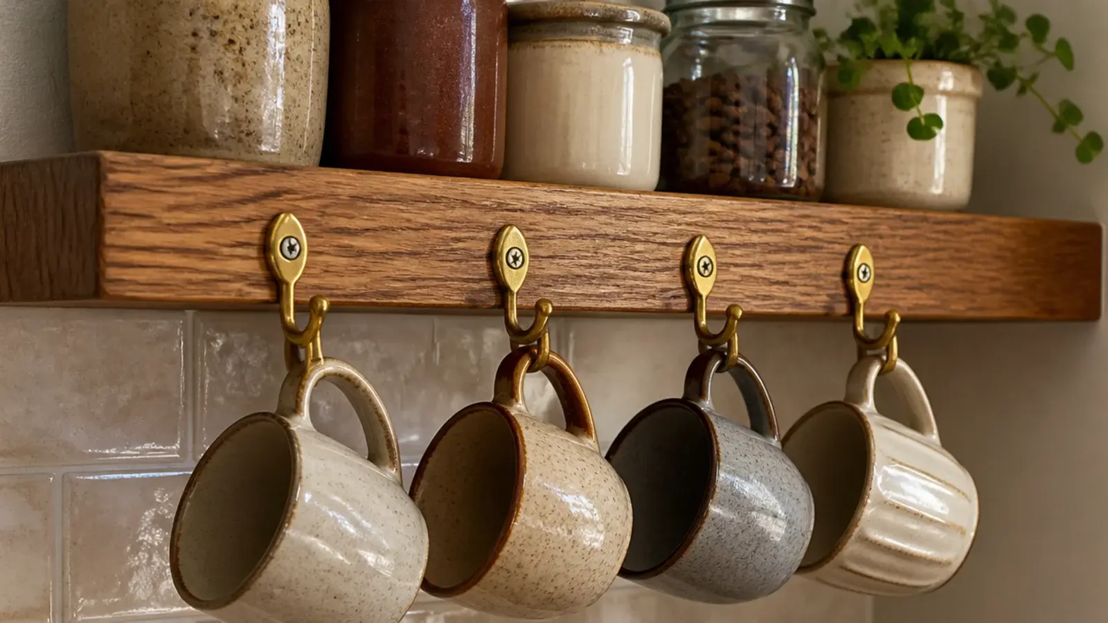 small brass hooks along the front edge of a kitchen shelf holding cups