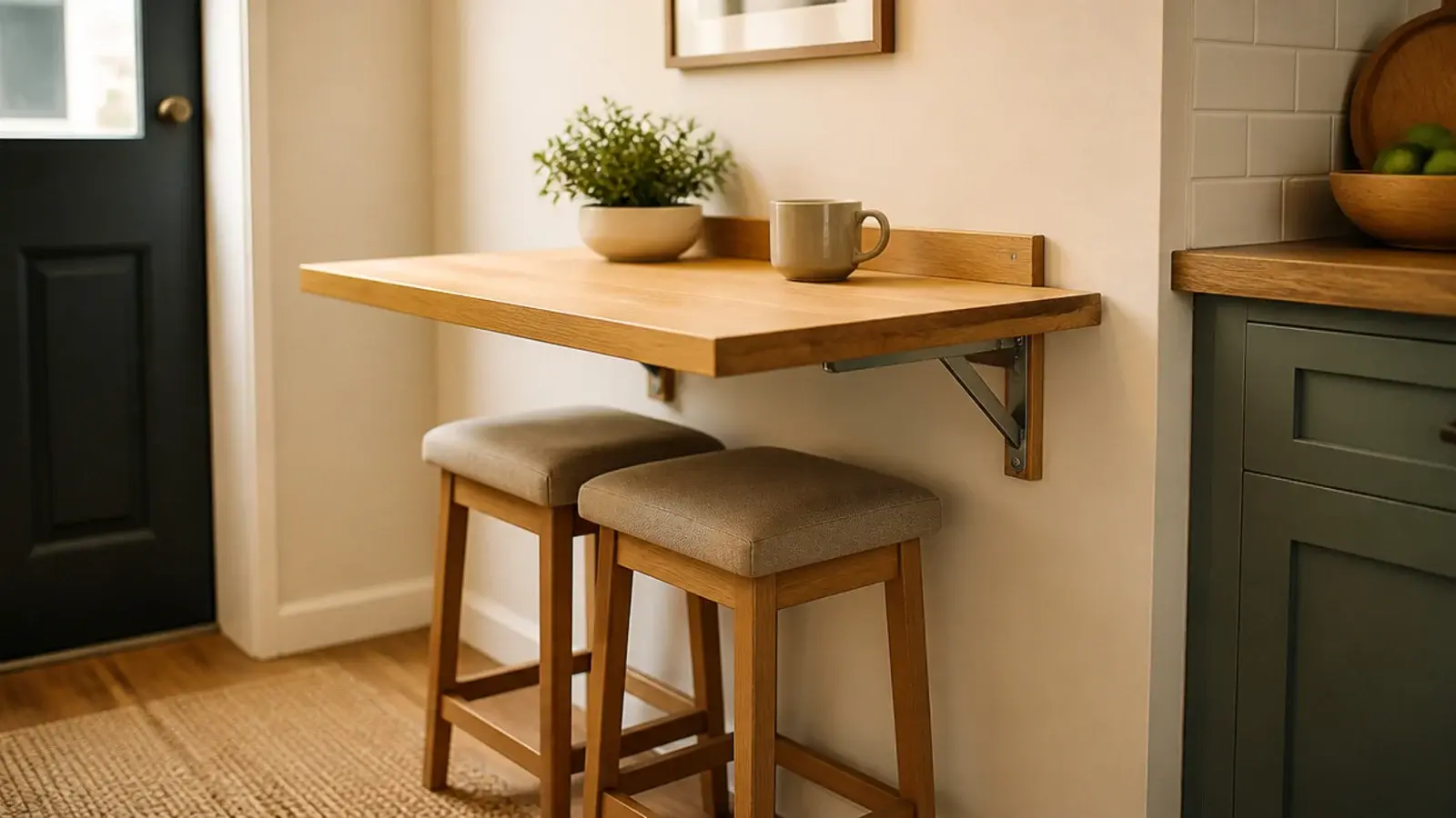 hinged fold down kitchen shelf opened out as a small dining surface