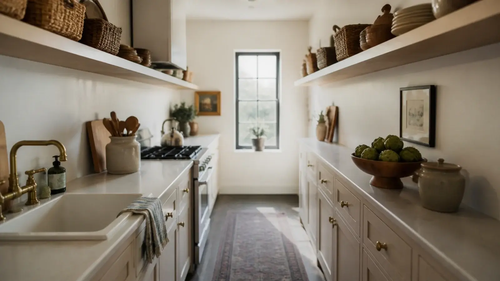single high shelf running the length of a galley kitchen above head height