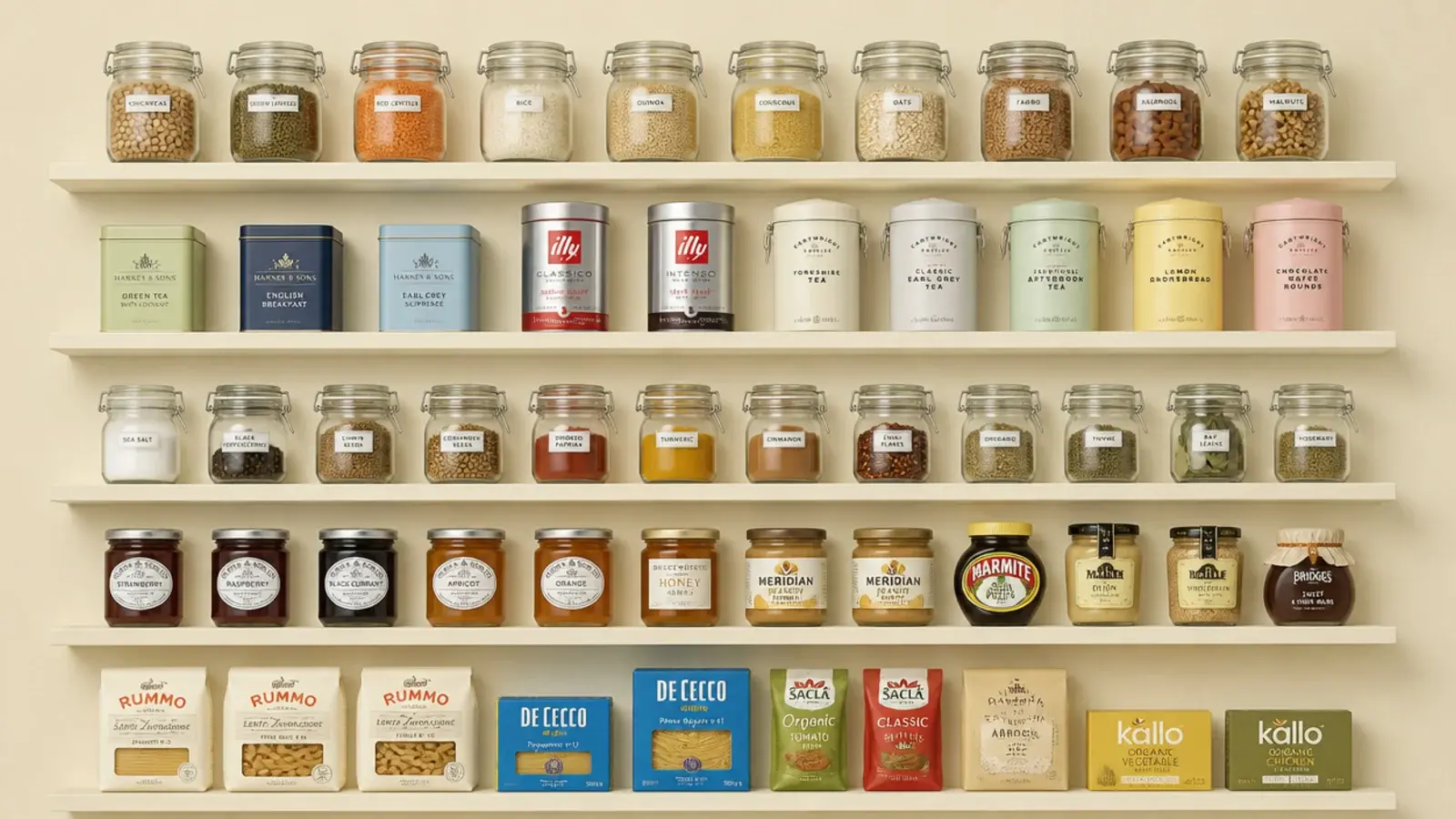 wall of shallow five inch kitchen shelves holding jars and tins