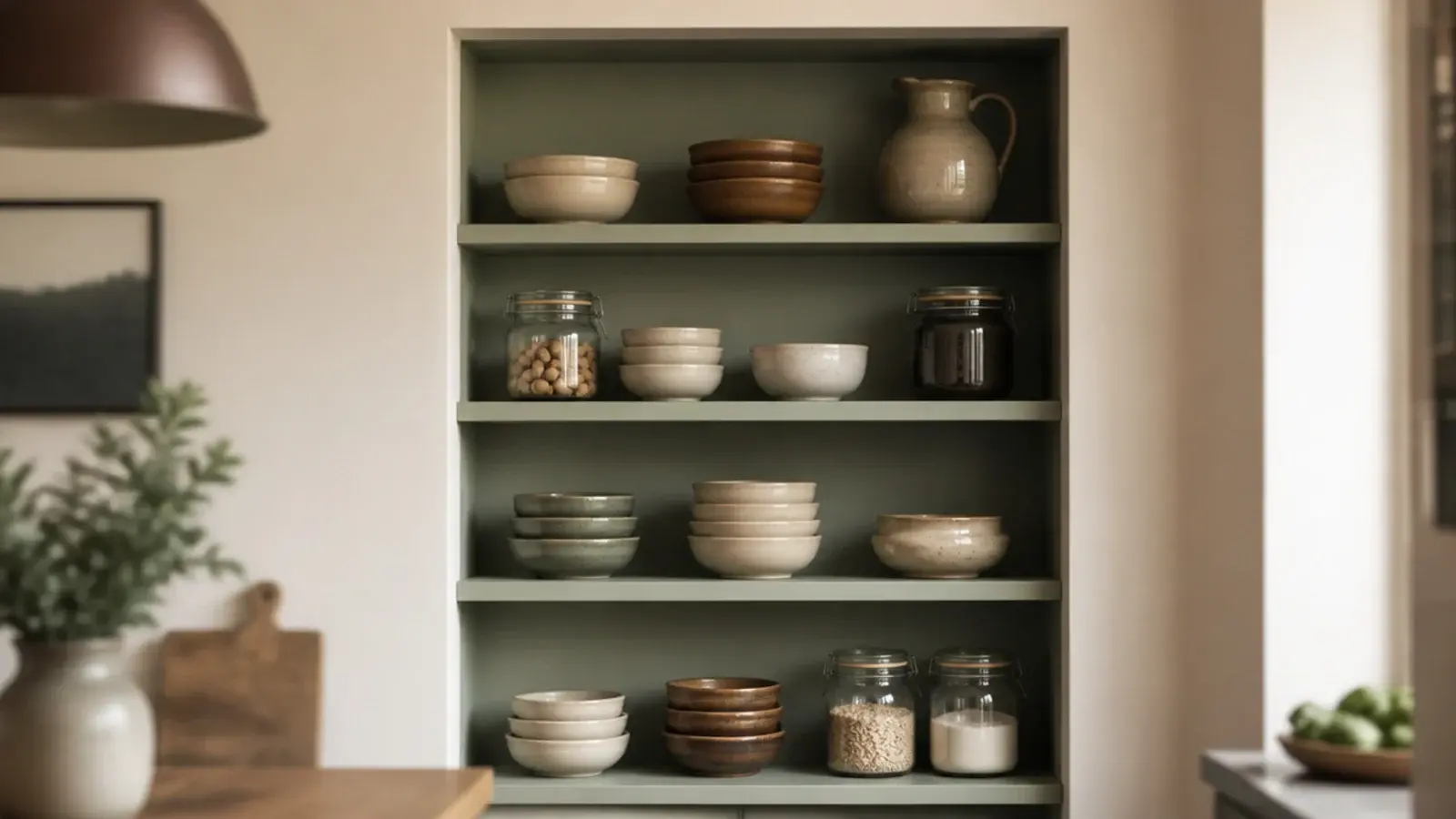 open shelves fitted inside a small kitchen alcove without a door