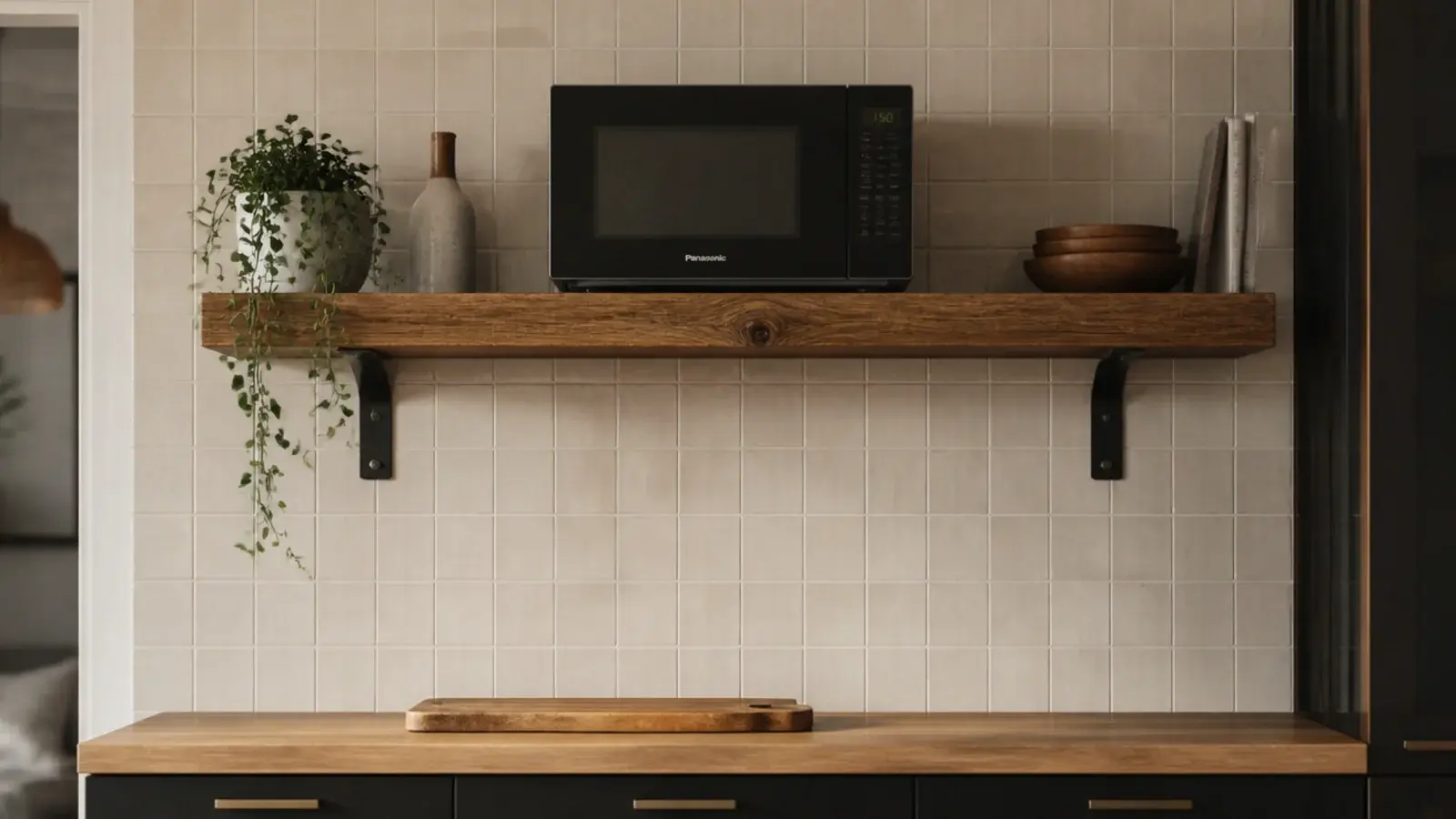sturdy kitchen shelf carrying a microwave above a clear counter run