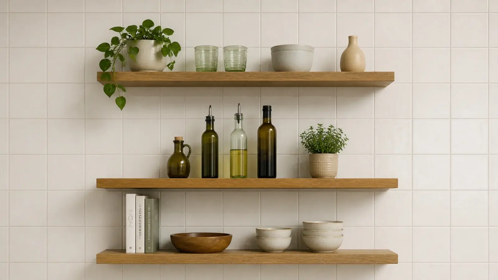 kitchen shelves spaced unevenly to fit tall bottles and short bowls